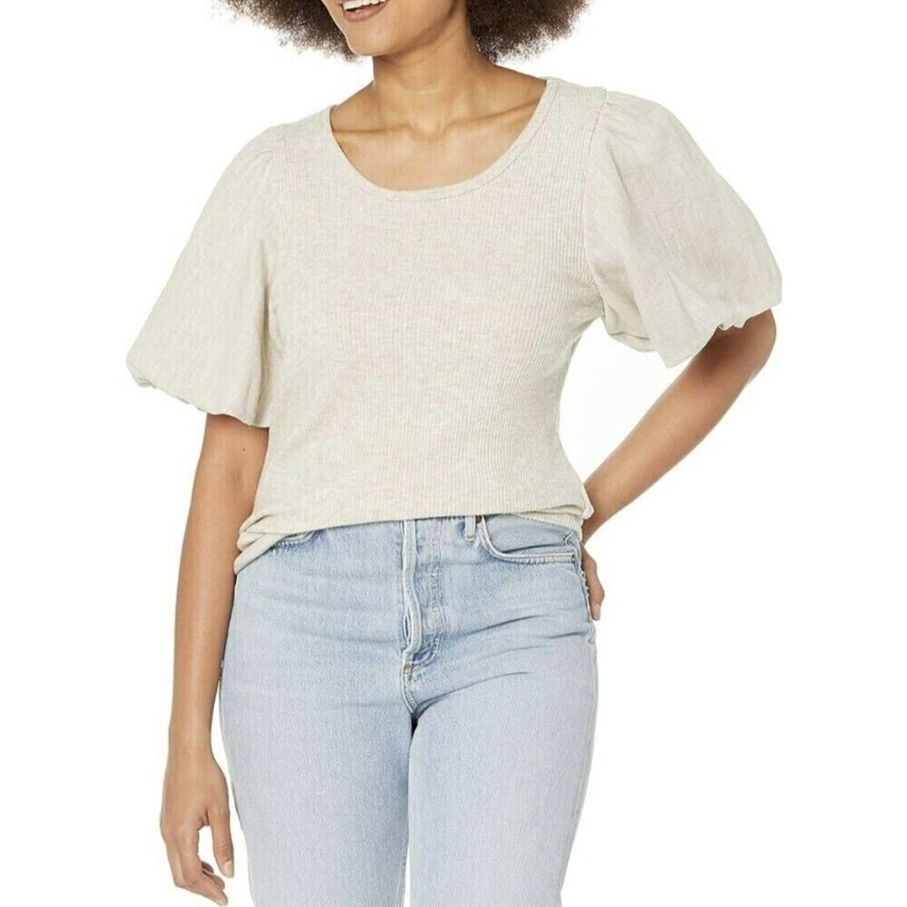 Karen Kane Womens Oatmeal Ribbed Knit Linen Puff Sleeve Top 1L56145 Medium